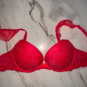 Victoria’s Secret Red Lace Push-Up Bra with rhinestone Accents